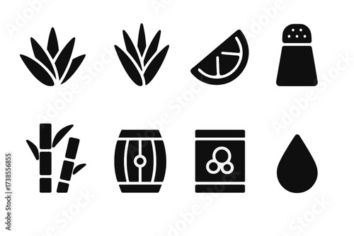 Tequila Ingredients Icons. Solid, filled icon set of tequila ingredients and plants: agave plant, blue agave, lime wedge, salt shaker, sugarcane, fermentation