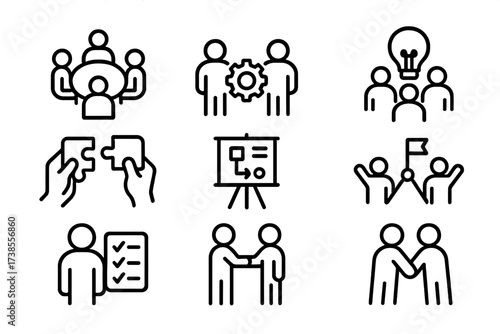 Teamwork Icon Set. Outline icon set of bond and teamwork: group meeting, collaboration, brainstorming, puzzle fitting, project planning, shared goal, task