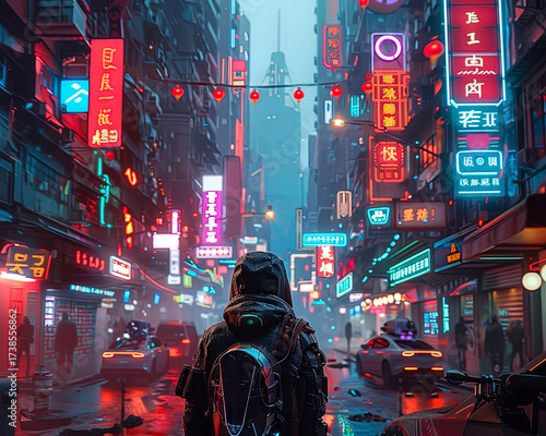 city street at night with neon lights and futuristic aesthetic