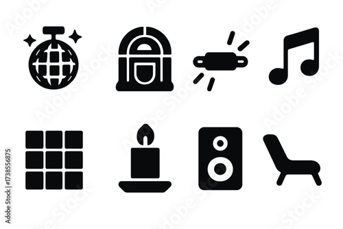 Bar Icon Set. Solid, filled icon set of bar ambiance elements: disco ball, jukebox, neon lights, music notes, dance floor, speaker, candle, lounge chair.