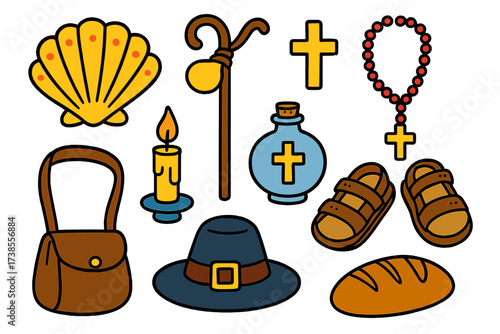 Colorful Pilgrim Symbols. Pilgrim symbols. Colorful Hand-drawn doodle Children illustration pilgrim symbols scallop shell, pilgrim staff, cross pendant,
