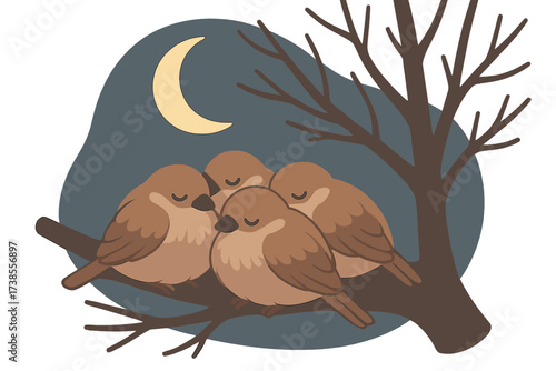Sparrow Night Roost. Isometric vector illustration set roost nighttime sleep shelter: sparrow flock huddled, tree silhouette