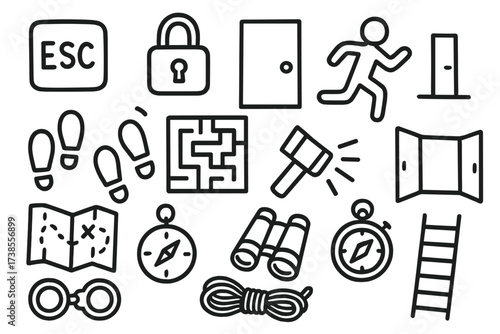 Escape Toolkit Icons. Hand-drawn doodle illustration escape key, lock, door, running person, footprints, maze, flashlight, map, compass, stopwatch, handcuffs,
