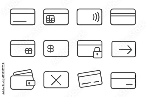 Credit Card Icons. Credit Card. Line icon set of Credit Card: simple credit card, card with chip, contactless card, card with magnetic stripe, debit card, gift