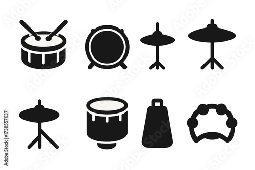Percussion Icon Grid. Solid, filled icon set of backbeat instruments: snare drum, bass drum, hi-hat, ride cymbal, crash cymbal, tom-tom, cowbell, tambourine.