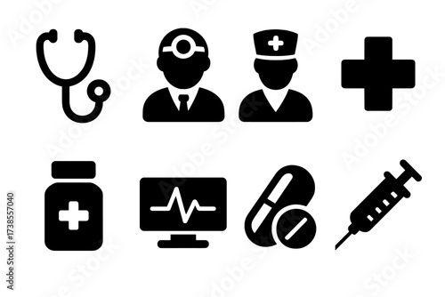 Medical Icon Set. Solid, filled icon set of medical help: stethoscope, doctor, nurse, medical cross, medicine bottle, heartbeat monitor, pill capsule, syringe.