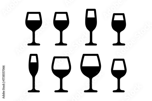 Wine Glass Icon Set. Solid, filled icon set of wine glass types: red wine glass, white wine glass, champagne flute, dessert wine glass, sparkling wine glass,