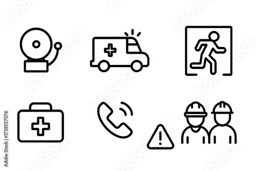 Emergency Icon Set. Outline icon set of adrenaline in emergencies: fire alarm, ambulance, siren, escape route, first aid kit, emergency call, alert symbol,