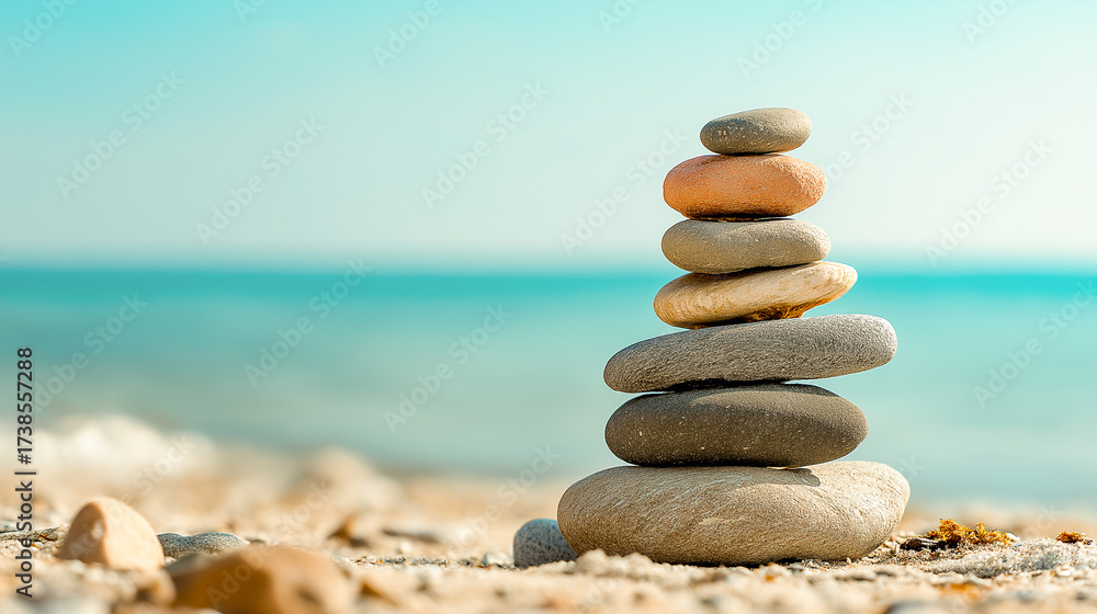Fototapeta premium Stack of balanced stones on beach calm meditation