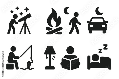 Night Activities Icons. Solid, filled icon set of night activities: stargazing, campfire, moonlit walk, night driving, night fishing, reading by lamp, night