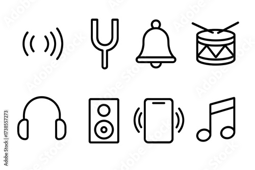 Medical and Sound Icons. Outline icon set of medical healing tools: stethoscope, syringe, pill bottle, thermometer, first aid kit, crutch, hospital bed,