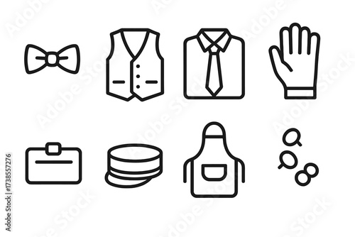 Dealer Attire Icons. Outline icon set of dealer attire: bow tie, vest, white shirt, gloves, name tag, dealer hat, apron, cufflinks. Line icons in only black