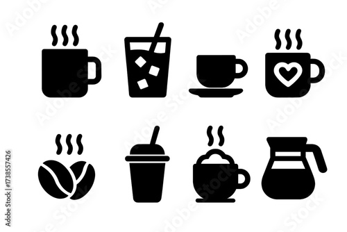 Bean Drinks Icon Set. Solid, filled icon set of bean drinks: coffee cup, iced coffee, espresso shot, latte art, coffee beans with steam, cup with straw,