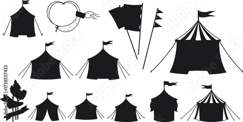 Circus tent silhouettes, carnival pavilion icons, retro festival fairground elements, black vector flags, vintage marquee illustration set