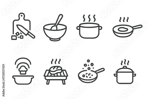 Cooking Technique Icons. Outline icon set of cooking techniques: chopping, stirring, boiling, frying, baking, grilling, sauteing, steaming. Line icons in