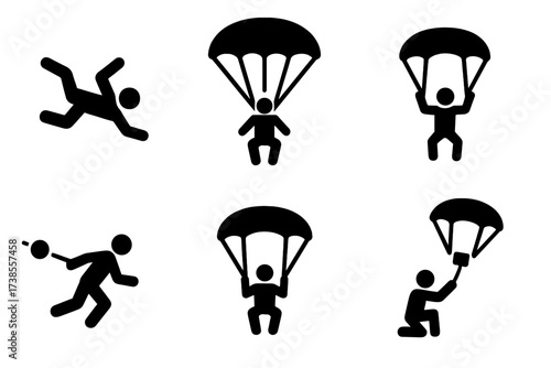 Parachuting Actions Icons. Solid, filled icon set of parachuting actions: freefall, canopy flight, landing flare, deployment, packing chute, jump exit,