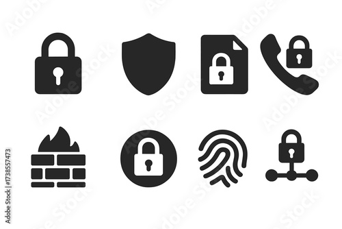 Call Security Symbols. Solid, filled icon set of call security: lock, shield, encryption, private call, firewall, VPN, fingerprint, secure network. [Line icons