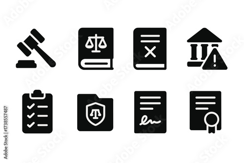 Legal Risk Icons. Solid, filled icon set of legal risk: gavel, law book, contract dispute, court warning, compliance checklist, lawsuit file, legal contract,