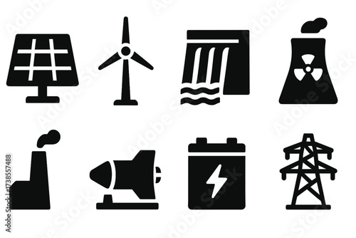 Power Generation Icons. Solid, filled icon set of power generation: solar panel, wind turbine, hydroelectric dam, nuclear plant, coal power plant, gas turbine,