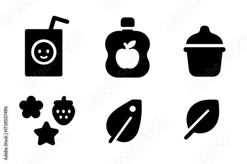 Kids Juice Icon Set. Solid, filled icon set of kids juice options: juice box, bendy straw, cartoon label, apple pouch, tiny cup, sippy lid, fun shapes, organic