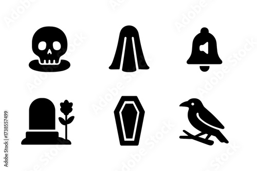 Death Omen Icons. Solid, filled icon set of death omens: skull shadow, black veil, silent bell, reversed hourglass, grave flower, closed casket, funeral crow,