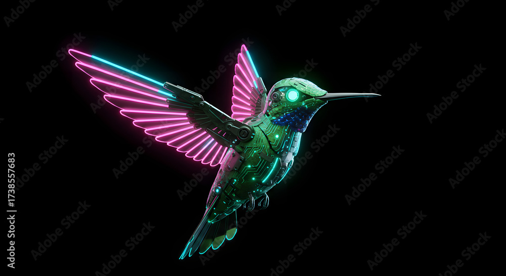 Obraz premium Futuristic Digital Hummingbird with Neon Wings and Glowing Eyes