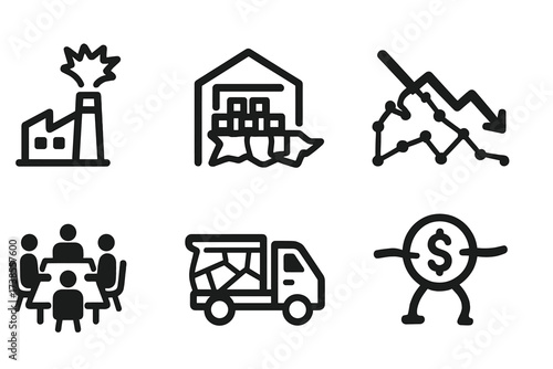 Overexpansion Icon Set. Solid, filled icon set of overexpansion: bursting factory, overflowing warehouse, stretched map, broken graph, crowded office, extended
