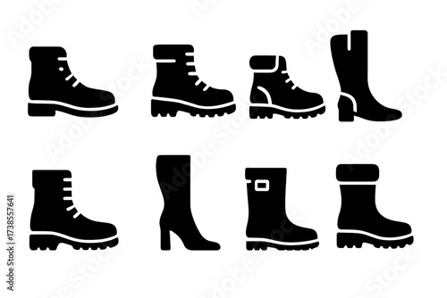 Versatile Boot Icons. Solid, filled icon set of boot occasions: casual wear, worksite, outdoor adventure, riding, military, fashion show, rainy day, snow day.