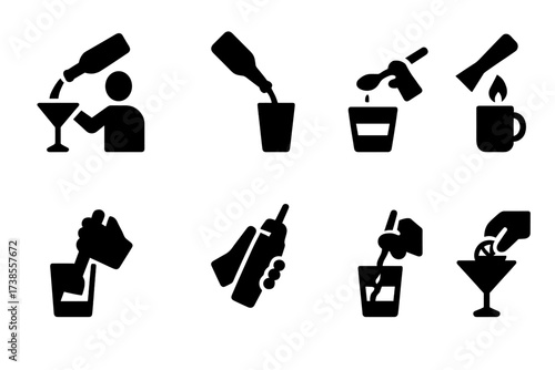 Bartending Skills Icons. Solid, filled icon set of bartending skills: flair pouring, speed pouring, layering drink, flame torch, muddling, shaking, stirring,