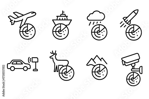 Radar Application Icons. Outline icon set of radar applications: aircraft tracking, ship navigation, weather monitoring, missile guidance, speed detection,