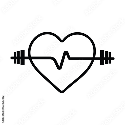 Healthy Heart: A minimalist icon representing a healthy heart, symbolized through the fusion of heart shape, electrocardiogram wave, and barbell, embodying vitality and fitness. 