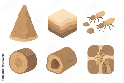 Termite Mound Illustration. Isometric vector illustration set termite mound wood decompose: high termite nest mound, layered soil