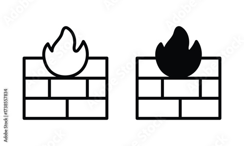 Firewall Icons: Minimalist black and white icons symbolize a firewall, with a flame atop a brick wall, representing protection and security