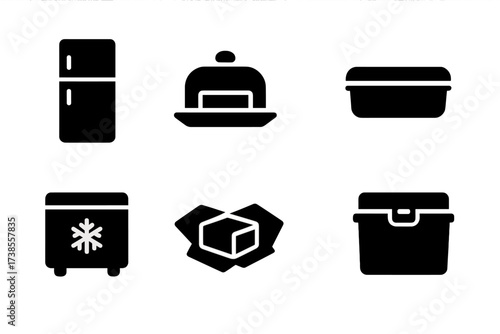 Butter Storage Icons. Solid, filled icon set of butter storage: refrigerator, butter dish, freezer, airtight container, wax paper, butter bell, storage box,