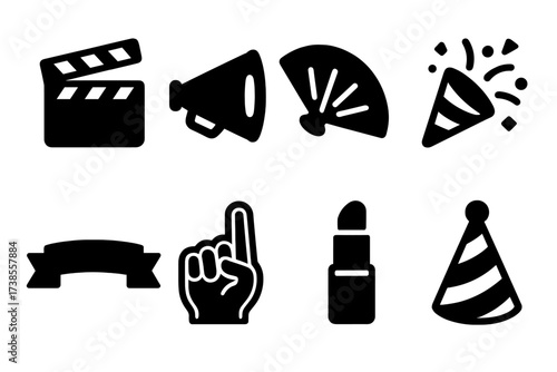 Applause Accessories Icons. Solid, filled icon set of applause accessories: clapperboard, megaphone, hand fan, confetti popper, banner, foam finger, face