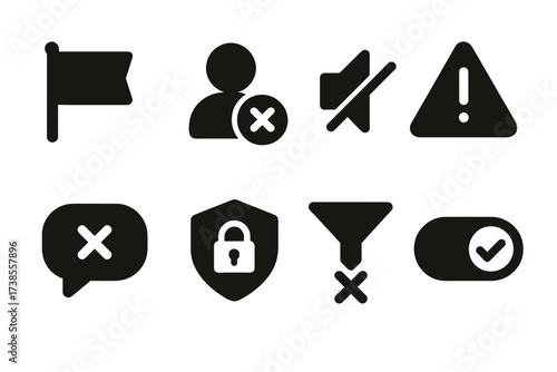 Social Media Icons. Solid, filled icon set of social media moderation: report flag, block user, mute icon, warning sign, comment bubble with cross, privacy