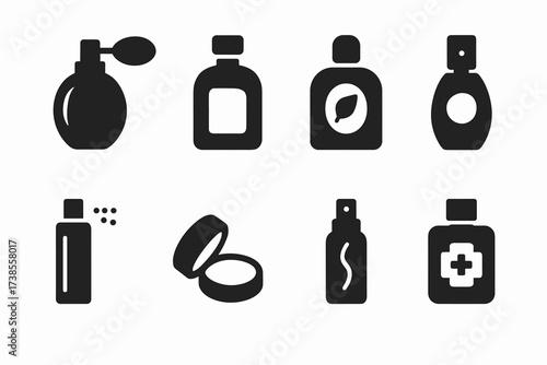 Perfume Icons Grid. Solid, filled icon set of perfume types: eau de parfum, eau de toilette, cologne, parfum, body mist, solid perfume, hair mist, aftershave.