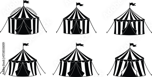 Black circus tent silhouette set, vintage carnival pavilion icons, striped fairground marquee vector illustrations, festival celebration design collection