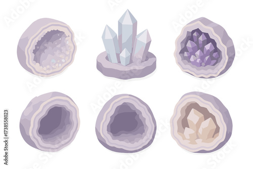 Geode Crystal Growth. Isometric vector illustration set Crystal growth inside geodes: druzy sparkling surface, pointed quartz