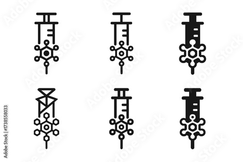 Nanomedicine Logo Variations. Nano-medical interventions. Set Logo of Nanomedicine: syringe with nanoscale elements. harmonious logo variations of the same