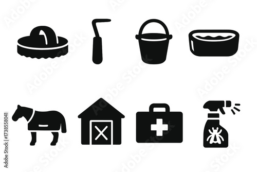 Horse Care Icons. Solid, filled icon set of horse care: grooming brush, hoof pick, feed bucket, water trough, blanket, stable, veterinarian kit, fly spray.