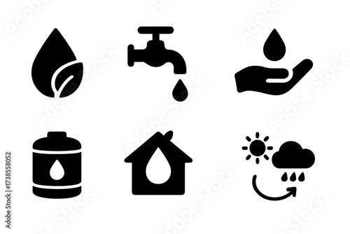 Water Conservation Icons. Solid, filled icon set of water conservation: water droplet with leaf, faucet with drop, hand catching water, water meter, rainwater