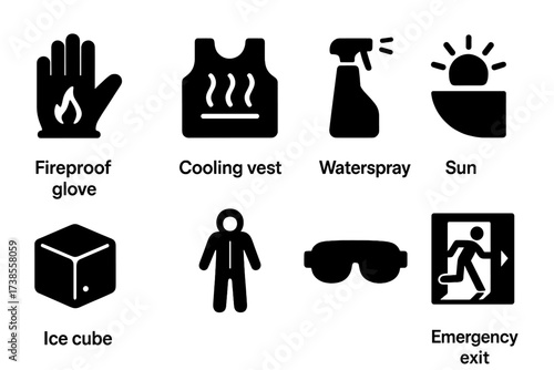 Heat Protection Icons. Solid, filled icon set of heat protection: fireproof glove, cooling vest, water spray, sunshade, ice cube, thermal suit, safety goggles,