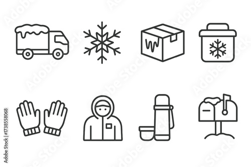 Winter Shipping Icons. Outline icon set of winter shipment: snow-covered truck, ice crystal, package with frost, insulated box, warm gloves, delivery man in