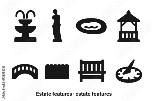 Estate Features Icons. Solid, filled icon set of estate features: fountain, statue, pond, gazebo, bridge, hedge, garden bench, sundial. Solid, filled icons in