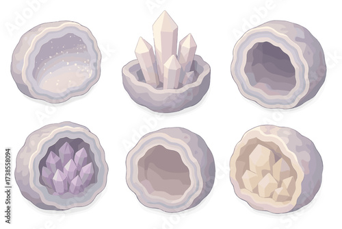 Geode Crystal Growth. Isometric vector illustration set Crystal growth inside geodes: druzy sparkling surface, pointed quartz
