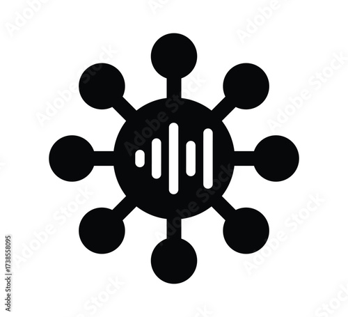 Network Audio Icon: A sleek, minimalist icon depicts interconnected nodes surrounding a central audio waveform, symbolizing communication and the flow of sound in a digital network.