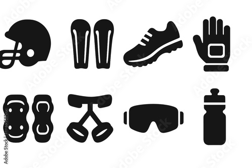 Sports Equipment Icons. Solid, filled icon set of durability in sports equipment: football helmet, shin guards, running shoes, cycling gloves, protective pads,