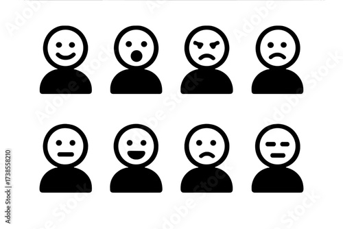 Audience Emotion Icons. Solid, filled icon set of audience emotions: happy, surprised, angry, sad, neutral, excited, confused, bored. [Line icons in only black