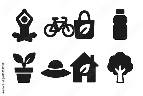 Organic Lifestyle Icons. Solid, filled icon set of organic lifestyle: yoga pose, bicycle, reusable bag, water bottle, plant pot, sun hat, eco house, tree.